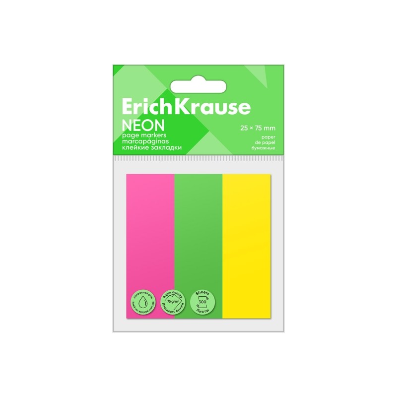 ErichKrause Neon - Confezione da 3 blocchi da 100 segnalibri - Riposizionabili - Carta da 75 g/m² - 25 x 75 mm - Colori