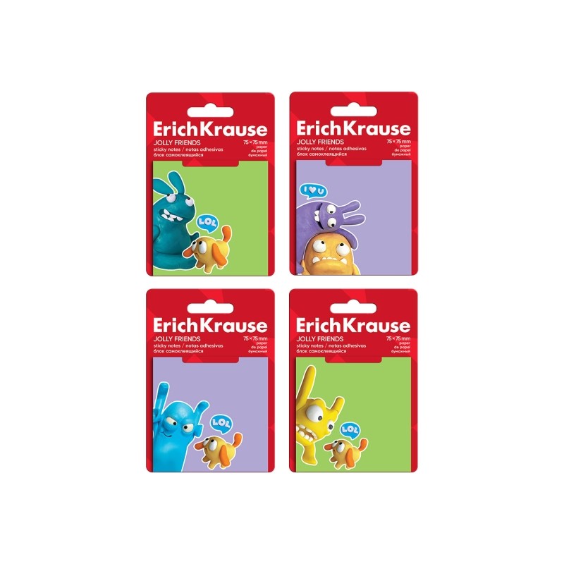 ErichKrause Jolly Friends Blocco da 50 post-it riposizionabili - Carta da 75 g/m² - 75 x 75 mm - Colla a base d'acqua -