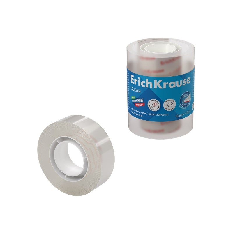 ErichKrause Confezione da 4 nastri adesivi trasparenti - Adesione elevata - Larghezza 18 mm - 33 metri - Resistenti alla