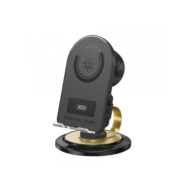 XO F69 Supporto per smartphone con altoparlante - Ricarica wireless da 15 W - Base girevole a 360° - Bluetooth 5.1 - Au