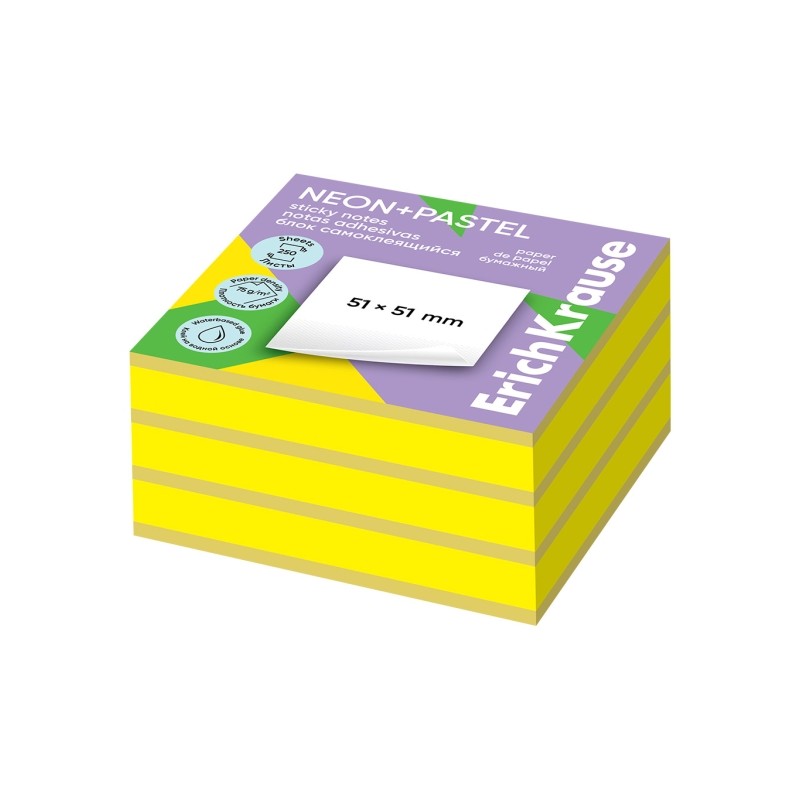 ErichKrause Neon+Pastel Blocco da 250 foglietti adesivi riposizionabili - Carta da 75 g/m² - 51 x 51 mm - Colla a base 