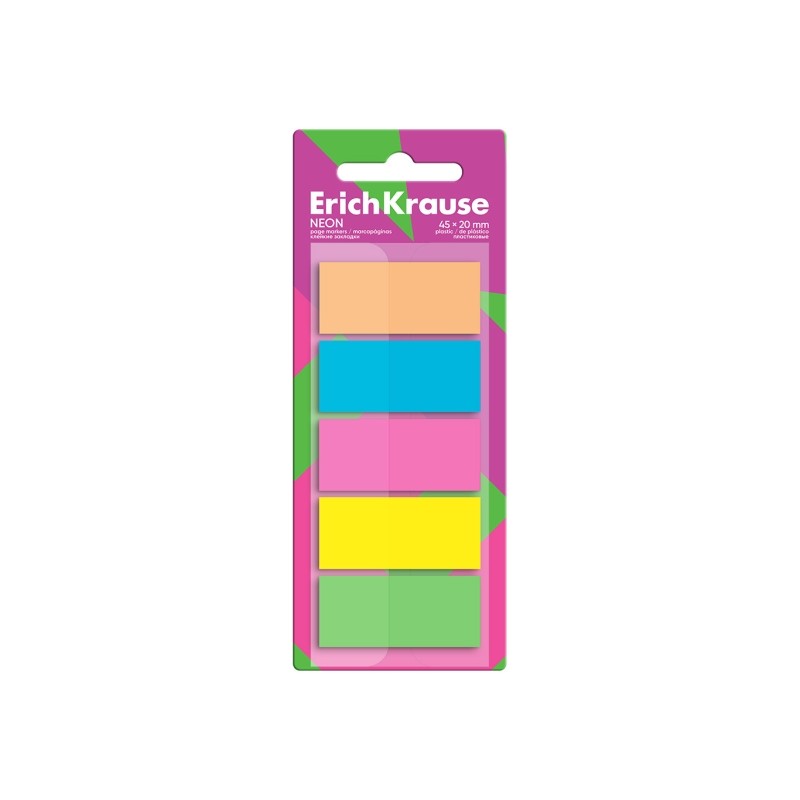 ErichKrause Neon - Confezione da 5 blocchi da 20 segnalibri - Riposizionabili - Plastica - 20x45 mm - Colori assortiti