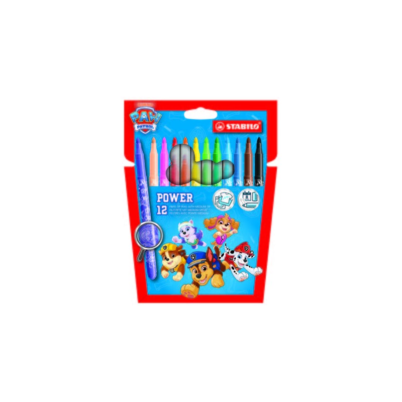 Stabilo Power Paw Patrol - Confezione da 12 pennarelli con motivi della Paw Patrol - Punta media da 2 mm - Inchiostro la