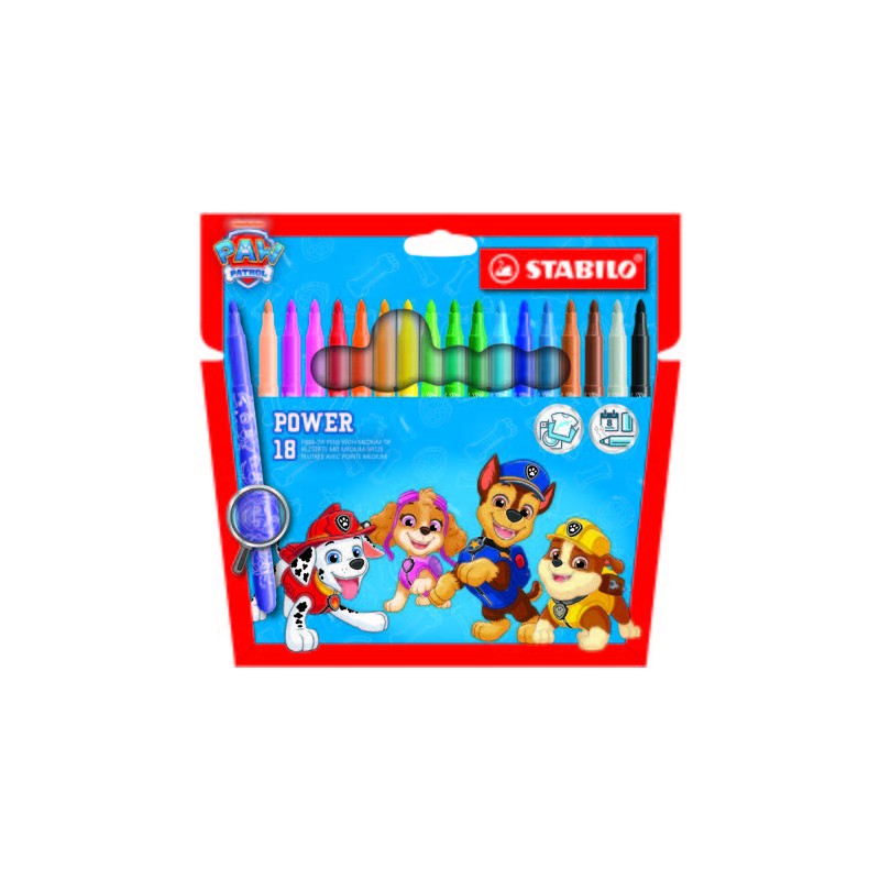 Stabilo Power Paw Patrol - Confezione da 18 pennarelli con motivi della Paw Patrol - Punta media da 2 mm - Inchiostro la