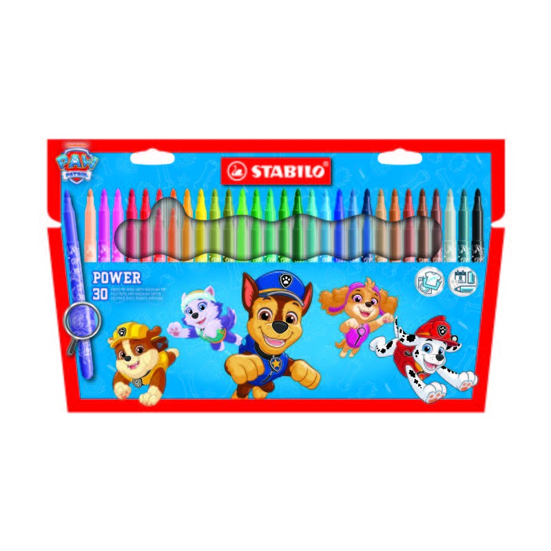 Stabilo Power Paw Patrol - Confezione da 30 pennarelli con motivi della Paw Patrol - Punta media da 2 mm - Inchiostro la
