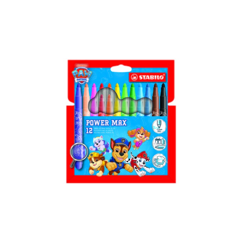 Stabilo Power Max Paw Patrol Confezione da 12 pennarelli a punta grossa con motivi della Paw Patrol - Tratto da 3 mm - I