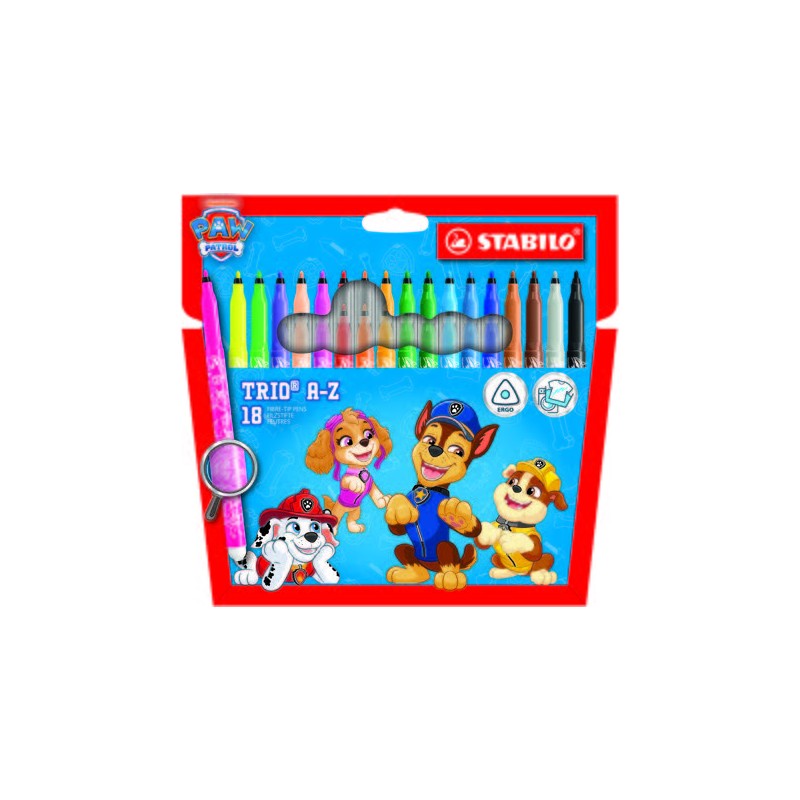 Stabilo Trio A-Z Paw Patrol Confezione da 18 pennarelli con motivi della Paw Patrol - Punta fine in fibra - Spessore tra