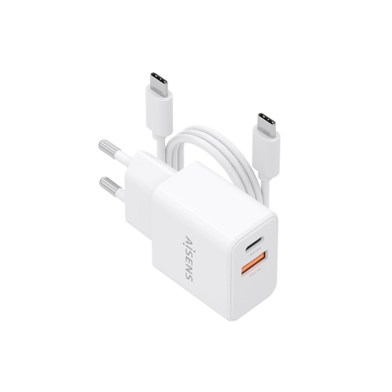 Caricabatterie Aisens Gan 20 W - 1xUSB-C PD 3.0 - 1xUSB-A QC 3.0 - Cavo USB-C da 1 m - Colore: bianco