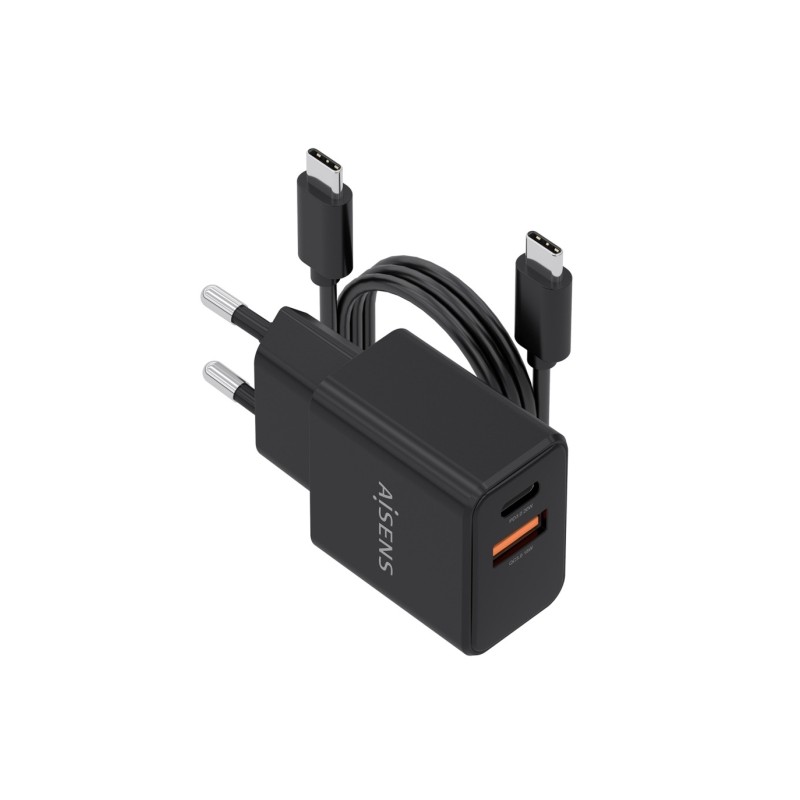 Caricabatterie Aisens Gan 20 W - 1 porta USB-C PD 3.0 - 1 porta USB-A QC 3.0 - Cavo USB-C da 1 m - Colore: nero