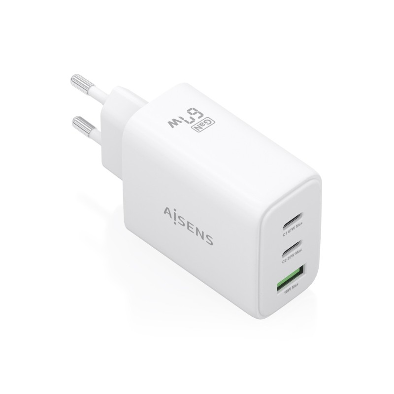 Caricabatterie Aisens GAN 67W - 2 porte USB-C PD3.0 QC4.0 - 1 porta USB-A QC3.0 - Colore: bianco