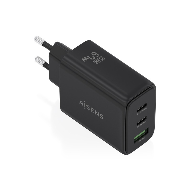 Caricabatterie Aisens GAN 67W - 2 porte USB-C PD3.0 QC4.0 - 1 porta USB-A QC3.0 - Colore: nero