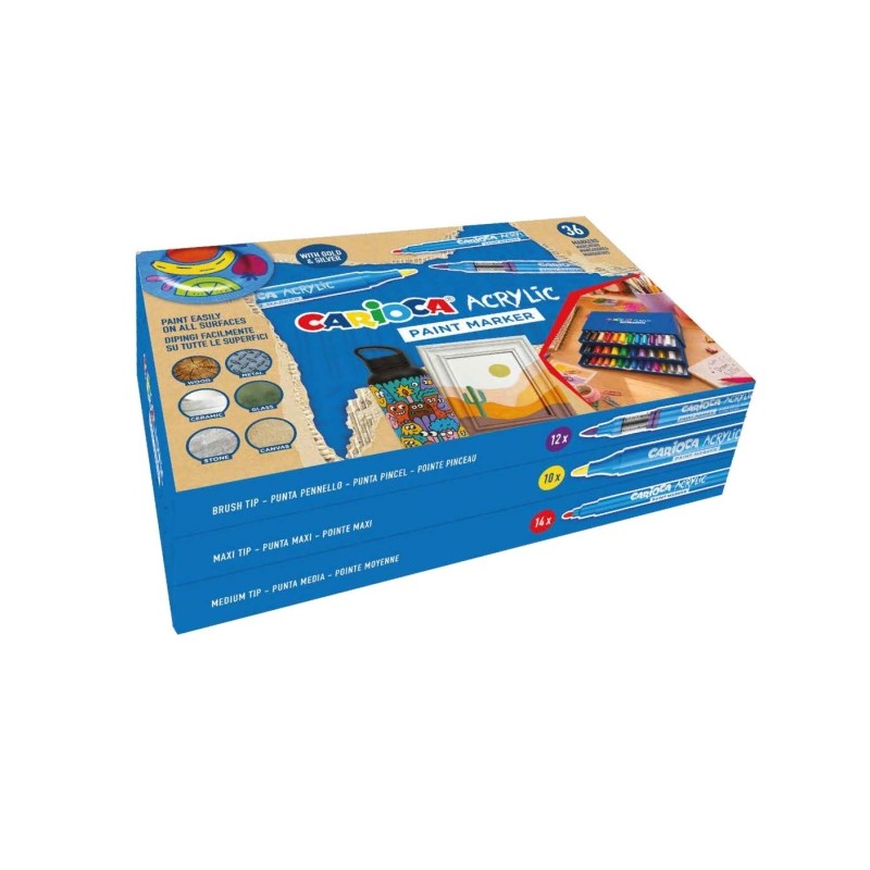 Carioca Acrylic Pack da 36 pennarelli acrilici - 12 con punta a pennello + 10 con punta maxi + 14 con punta media - Inch
