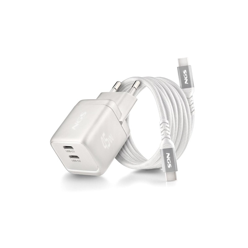 NGS Bud 45W-C Nano: caricabatterie da parete universale GaN ultraveloce da 45 W - 2 porte USB-C PD 3.0 PPS - Colore: bia
