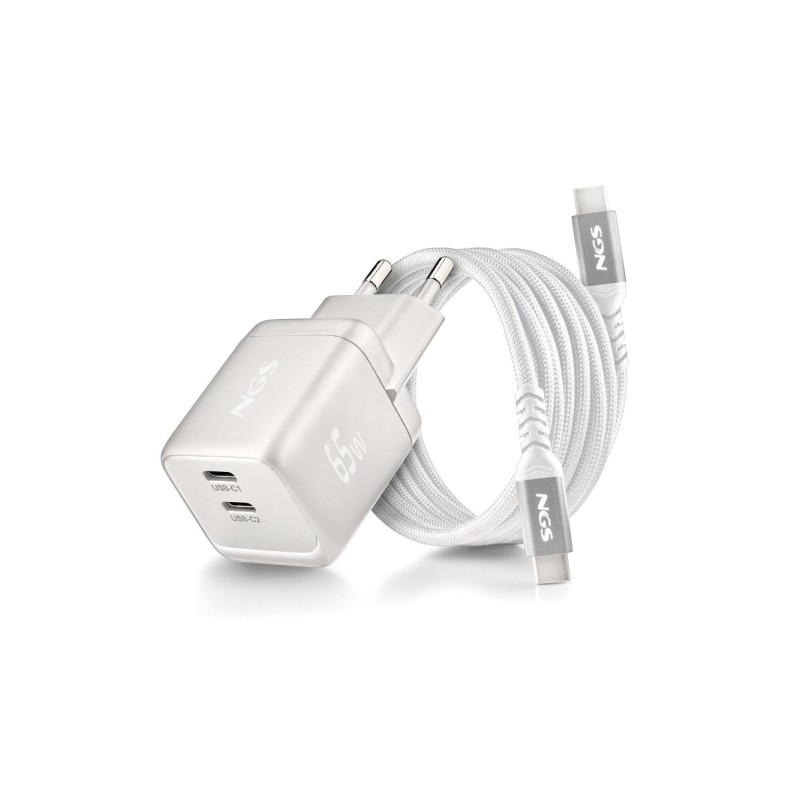 NGS Bud 65W-C Nano: caricabatterie da parete universale GaN ultraveloce da 65 W - 2 porte USB-C PD 3.0 PPS - Colore: bia