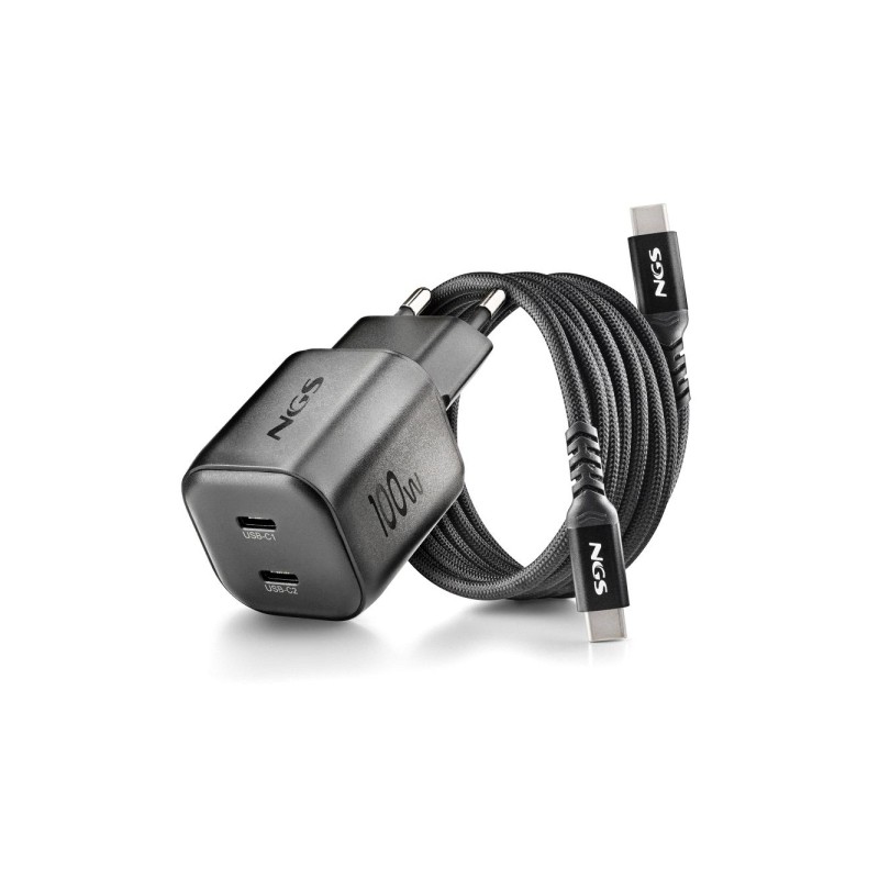 NGS Bud 100W-C Nano: caricabatterie da parete universale GaN ultraveloce da 100 W - 2 porte USB-C PD 3.0 PPS - Colore: n
