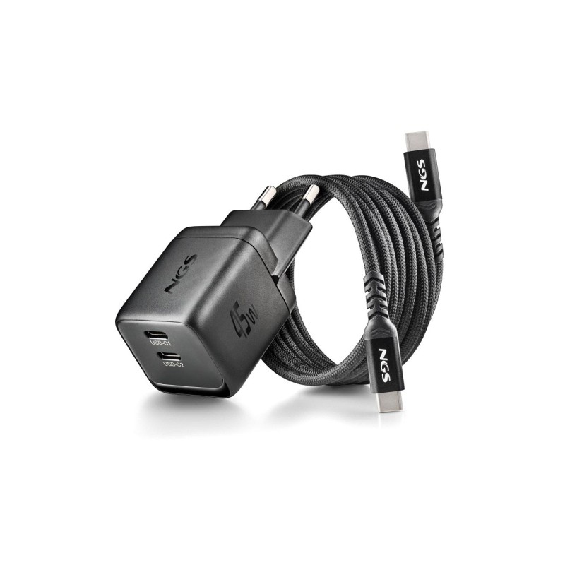 NGS Bud 45W-C Nano: caricabatterie da parete universale GaN ultraveloce da 45 W - 2 porte USB-C PD 3.0 PPS - Colore: ner