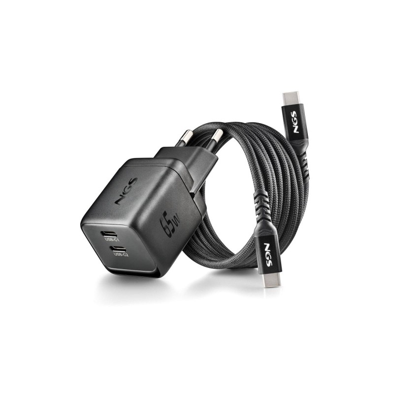 NGS Bud 65W-C Nano: caricabatterie da parete universale GaN ultraveloce da 65 W - 2 porte USB-C PD 3.0 PPS - Colore: ner