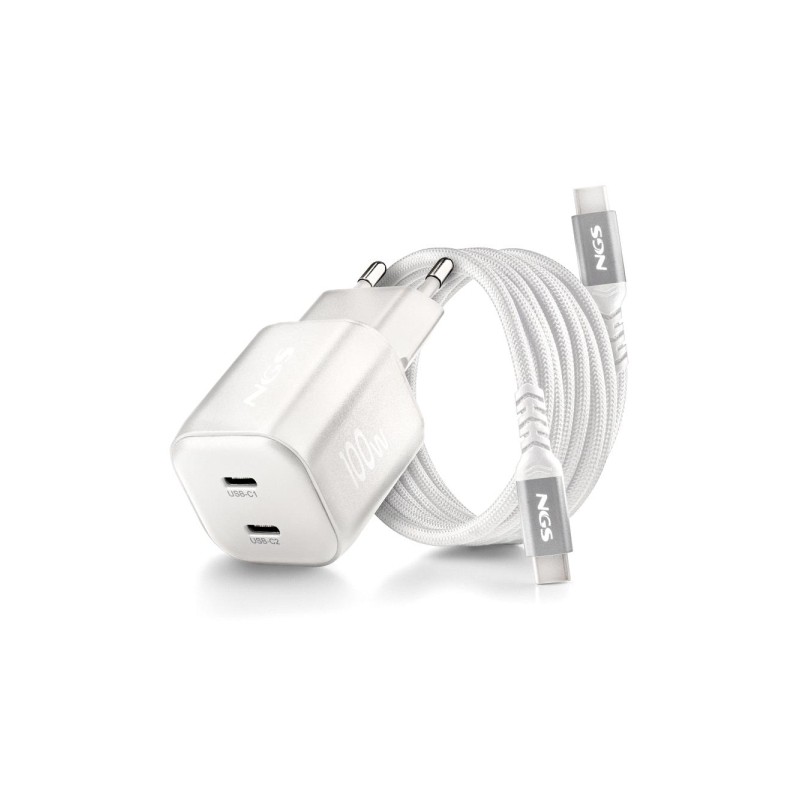NGS Bud 100W-C Nano: caricabatterie da parete universale GaN ultraveloce da 100 W - 2 porte USB-C PD 3.0 PPS - Colore: b