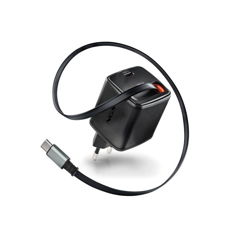 NGS Reel 65W Caricabatterie da parete universale GaN da 65W con cavo retrattile - 1x USB-C PD3.0 PPS - Colore: nero